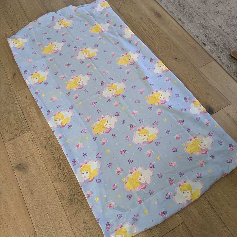Vintage 90s Barbie Twin Fitted Sheet Dan River Y2K Pink Blue Roses Hearts
